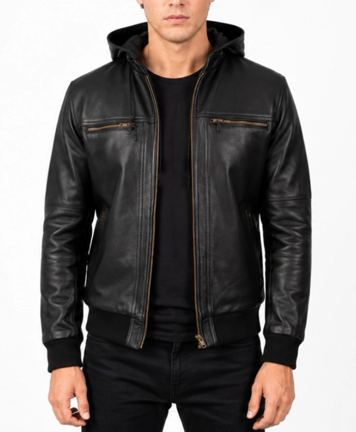 Bouncer Biz Black Leather Bomber Jacket