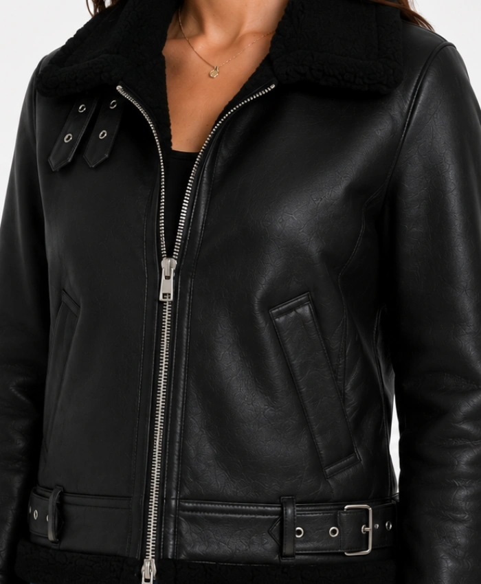 Ladies Black Leather Aviator Jacket