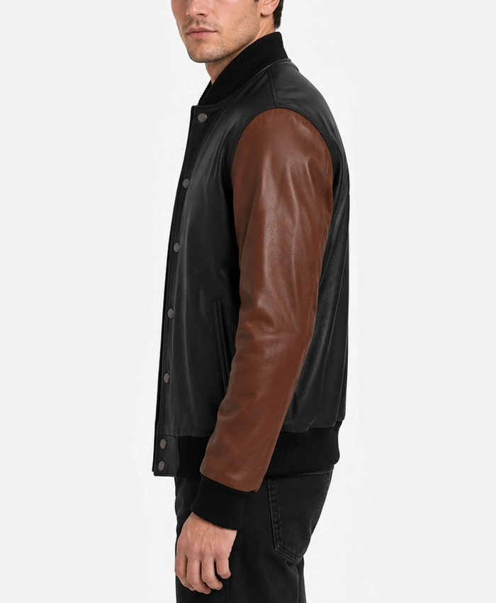 Mens Black and Cognac Letterman Leather Jacket