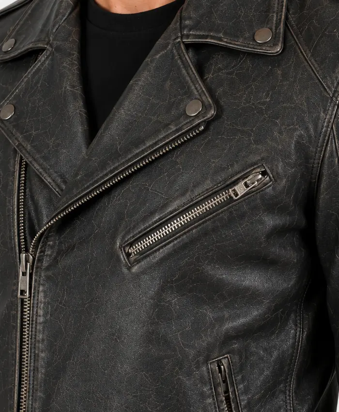 Mens Distressed Motorcycle Black Belted Jacket