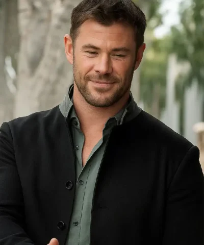 Chris Hemsworth Crime 101 Black Coat closeup