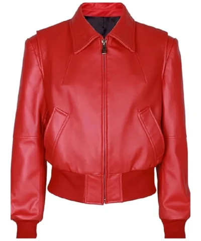 Classic Red Leather Bomber Jacket Womens Zipper Style Jacket
