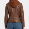 Women's Cognac Brown Leather Jacket With Removable Hood