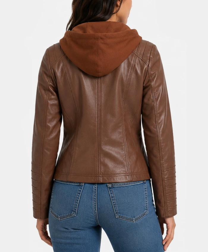 Women's Cognac Brown Leather Jacket With Removable Hood