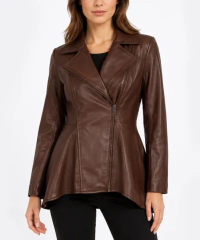Womens Real Leather Peplum Cognac Jacket