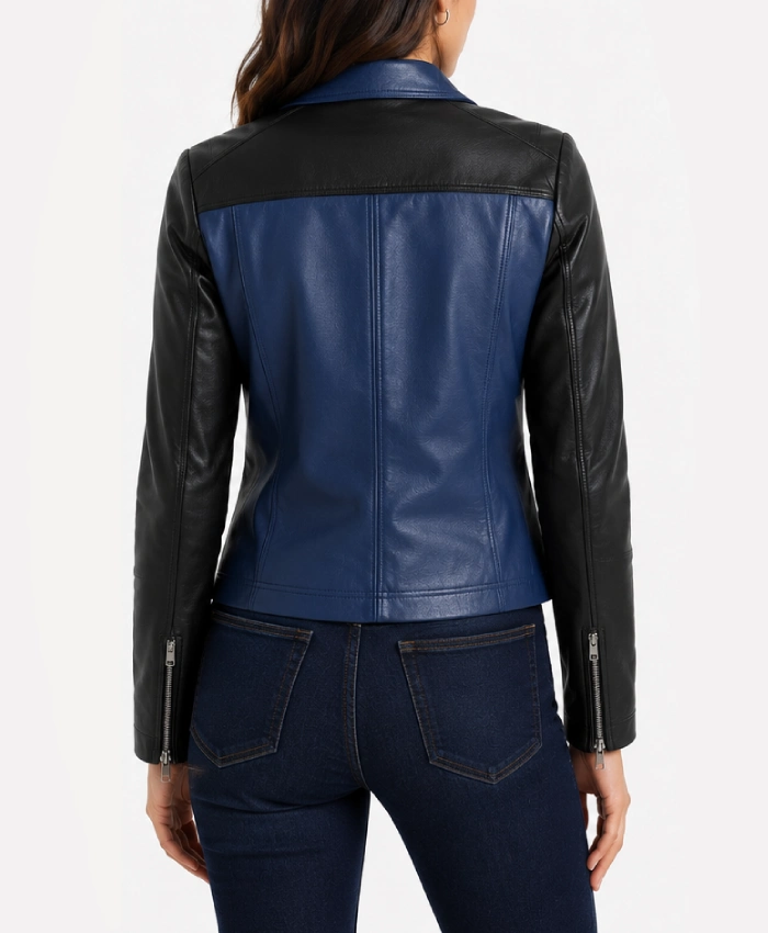 Womens Color Block Blue and Black Leather Jacket