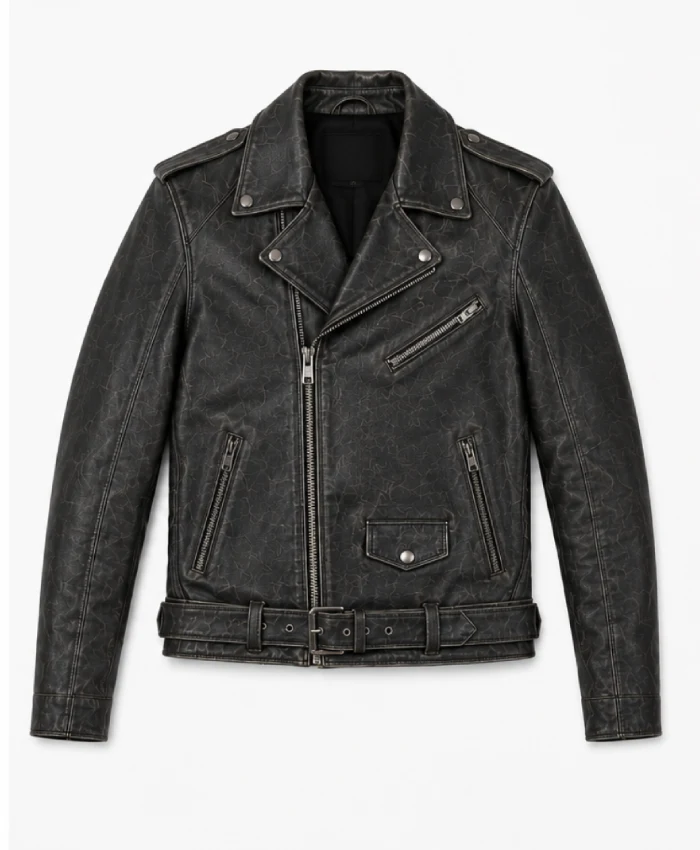Buy Mens Distressed Black Belted Motorcycle Jacket