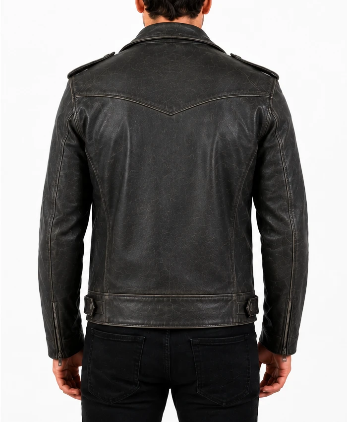 Mens Distressed Belted Motorcycle Jacket in Black