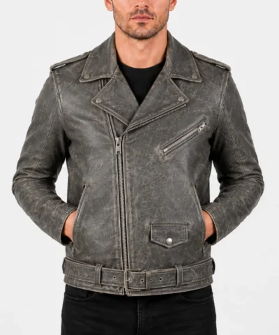 Mens Grey Biker Leather Distressed jacket