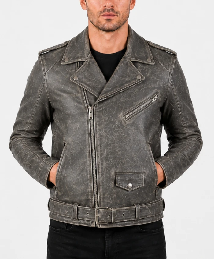 Mens Grey Biker Leather Distressed jacket