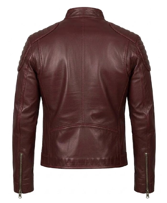 Fashion Waxed Quilted Burgundy Biker Leather Jacket For Sale