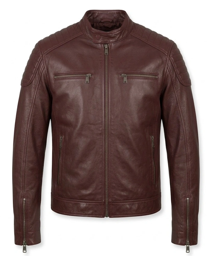 Fashion Waxed Quilted Burgundy Biker Leather Jacket