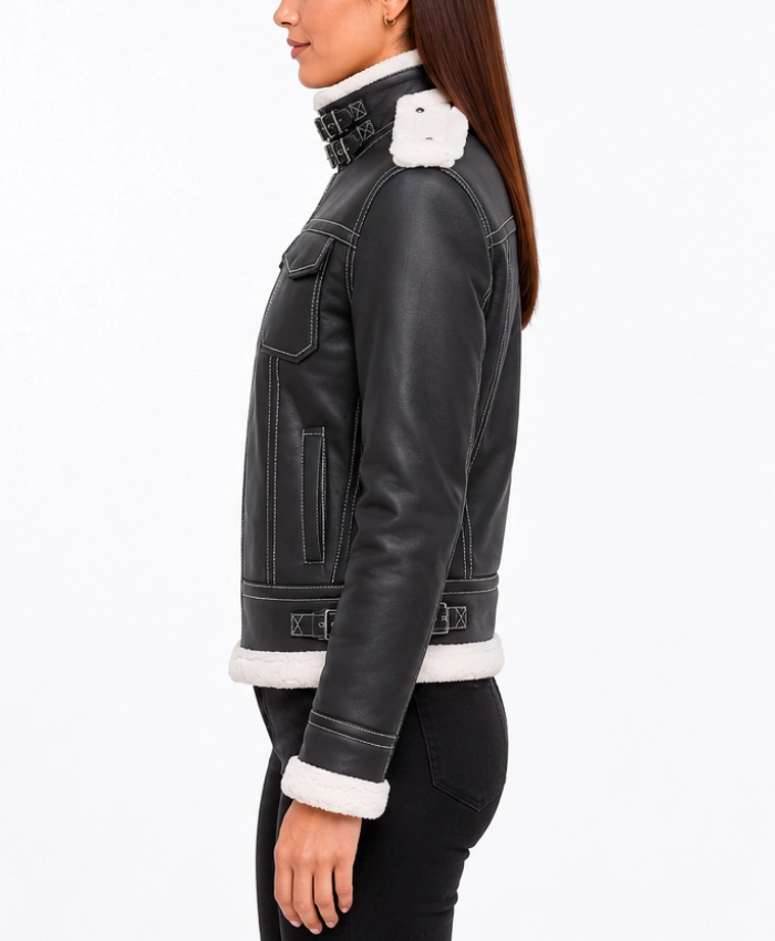 Fiona Black Hooded Shearling Leather Jacket for sale