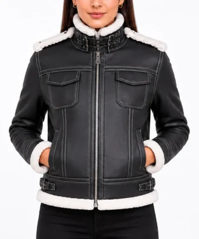 Womens Fiona Black Hooded Leather Shearling Jacket