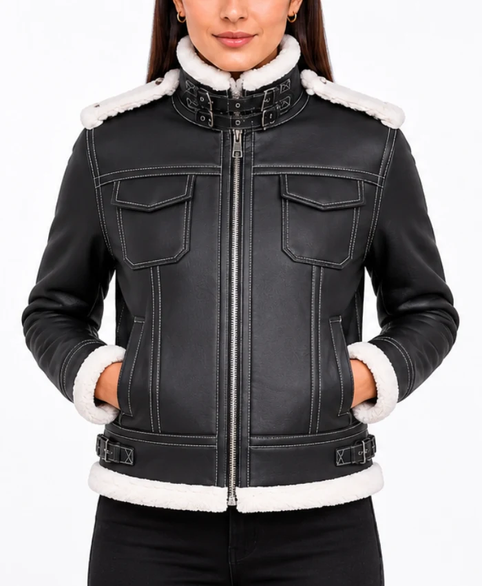 Womens Fiona Black Hooded Leather Shearling Jacket