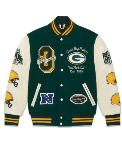 Green Bay Packers OVO Green Varsity Wool and Leather Varsity Jacket For Men and Women