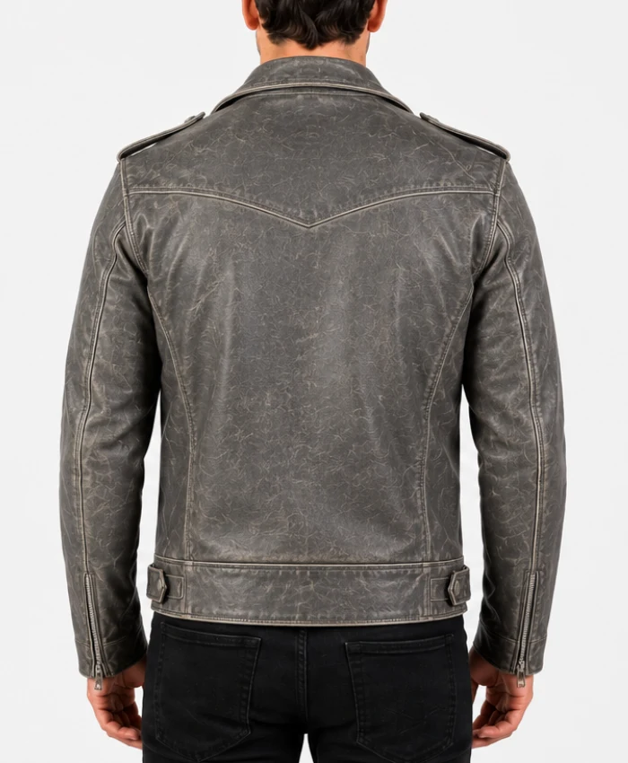 Mens Biker Distressed Leather jacket in Grey