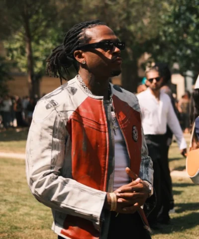 Gunna Paris Fashion Week 2026 Under Armour Vintage Moto Red and White Leather Jacket For Men and Women