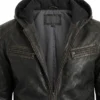Hooded Distressed Black Leather Jacket