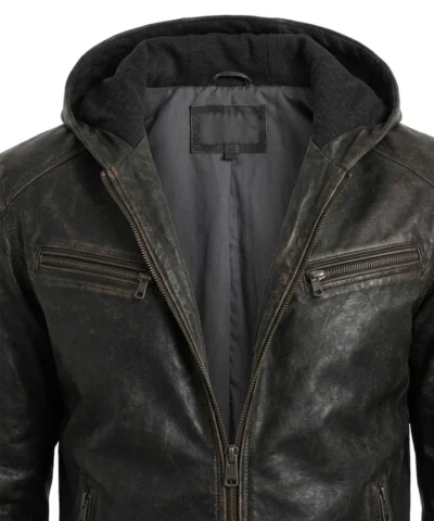 Hooded Distressed Black Leather Jacket