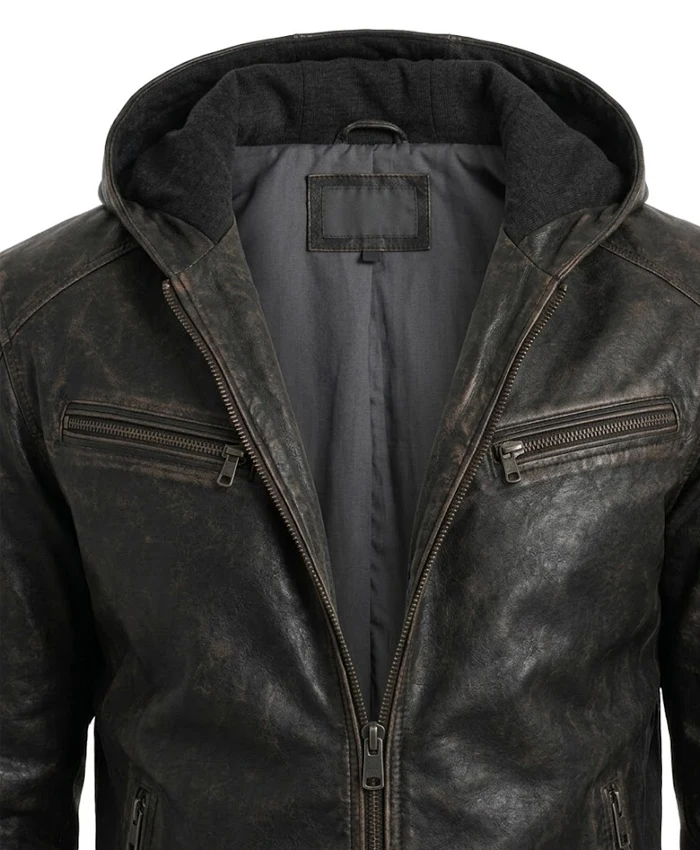 Hooded Distressed Black Leather Jacket
