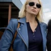 Janine Cody Animal Kingdom Blue Leather Jacket closeup