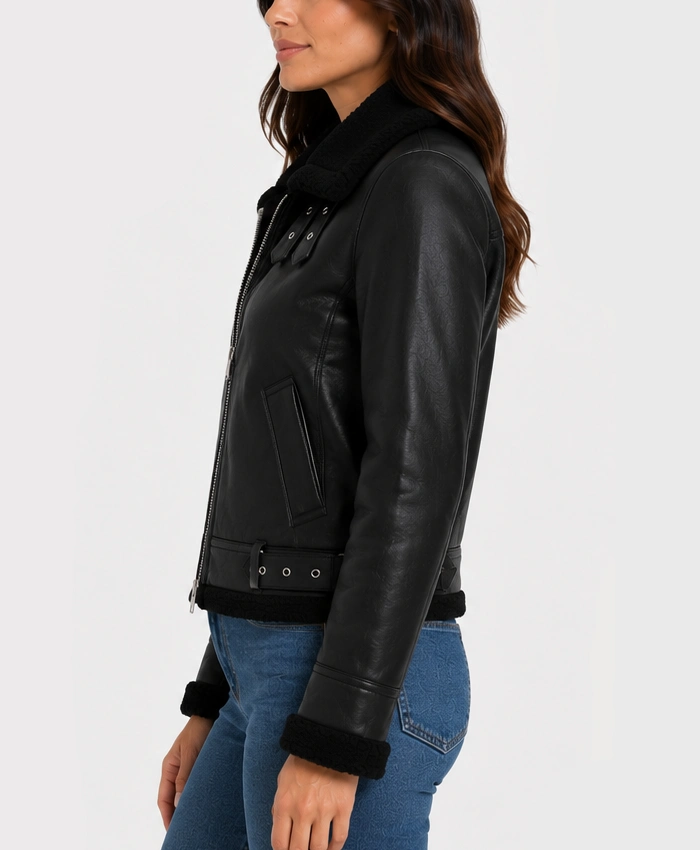 Black Ladies Leather Aviator Jacket