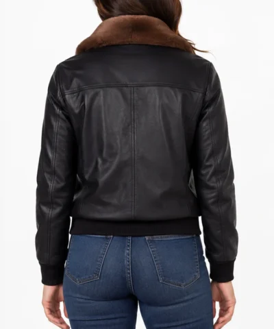Women Black Leather Bomber Fur Collar​ Jacket