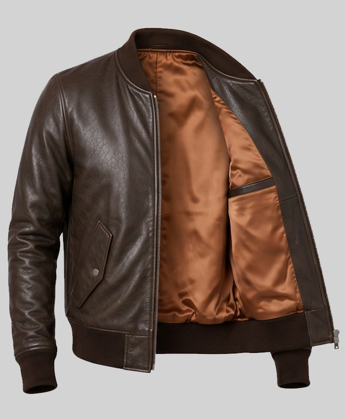 Lambskin Leather MA-1 Flight Dark Brown Jacket For Mens