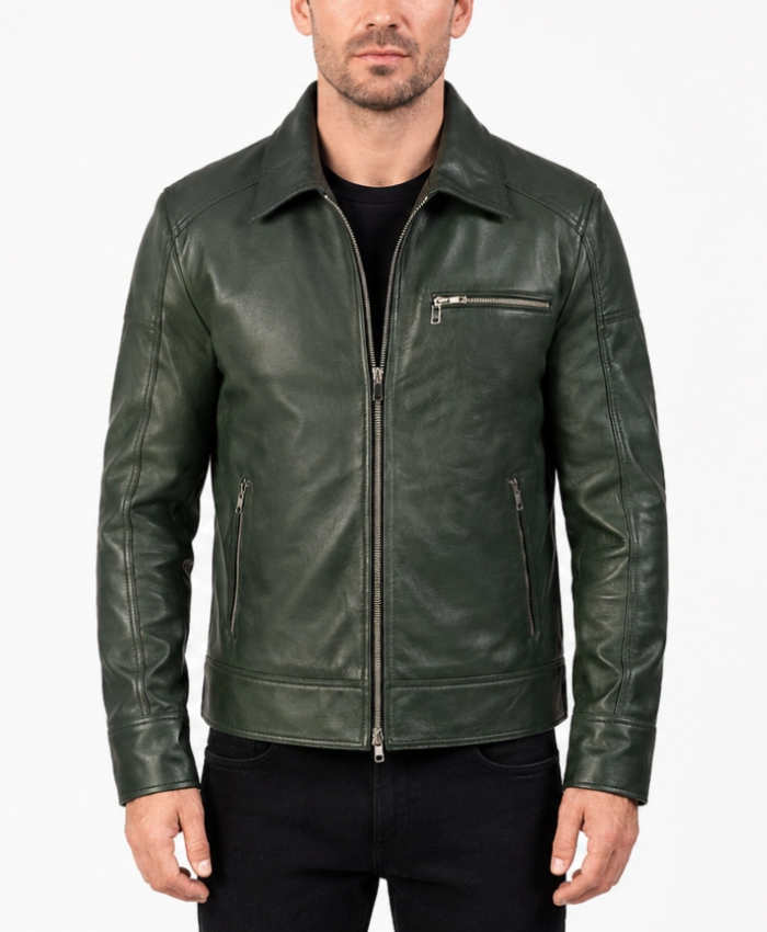 Lavendard Mens Green Leather Biker Jacket