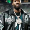 Meek Mill Philadelphia Eagles Black Leather Jacket closeup