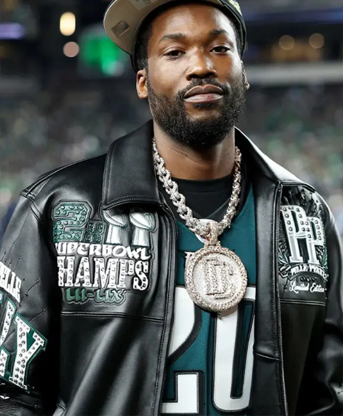 Meek Mill Philadelphia Eagles Black Leather Jacket closeup
