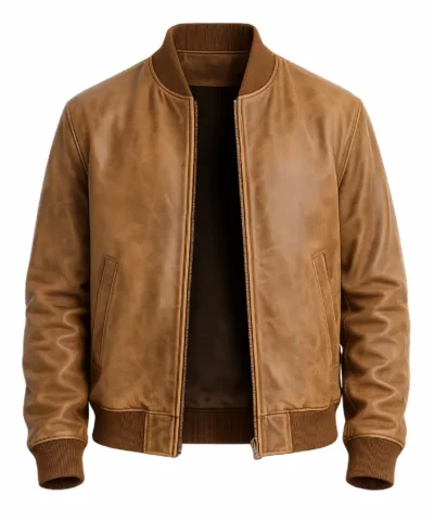 Mens Distressed Tan Bomber Leather Jacket