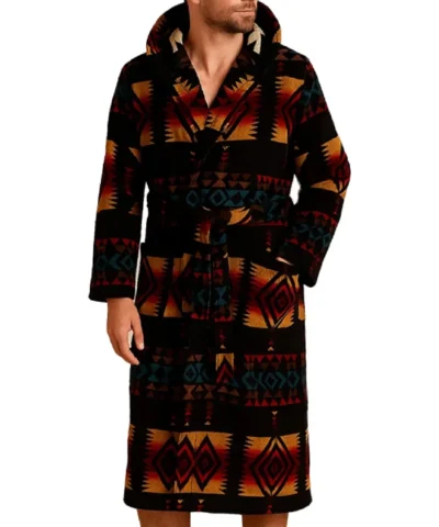Mens Aztec Print Hooded Bathrobe