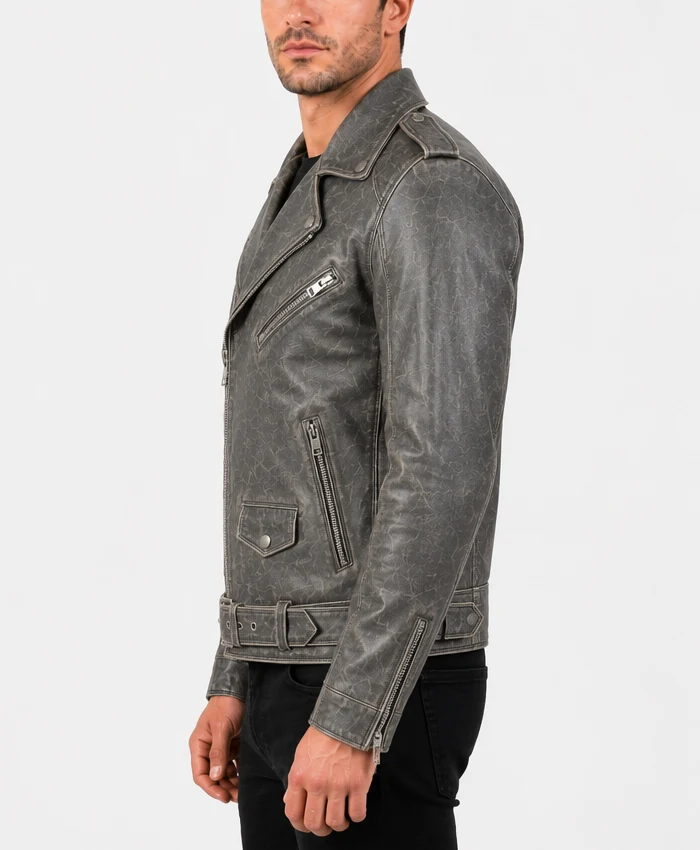 Buy Mens Grey Biker Distressed Leather jacket
