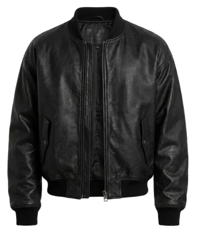 Mens Black Baggy Style Leather Bomber Jacket