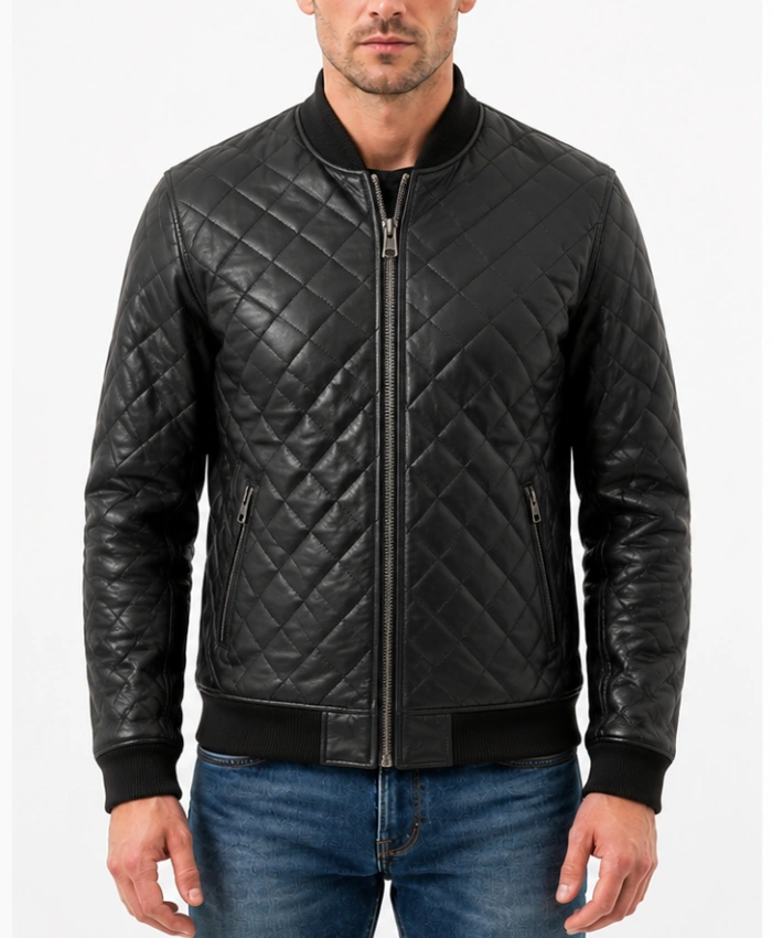 Black Bomber Quilted Leather Jacket for Mens
