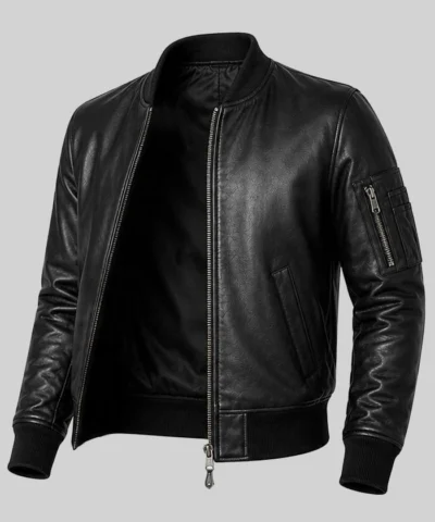 Mens Black Cowhide Leather MA-1 Flight Jacket