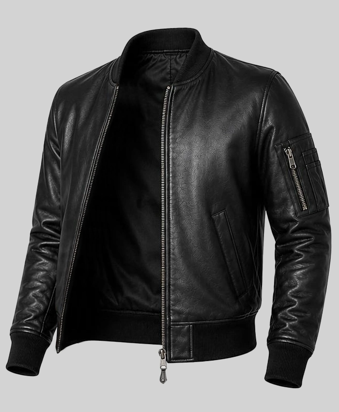 Mens Black Cowhide Leather MA-1 Flight Jacket