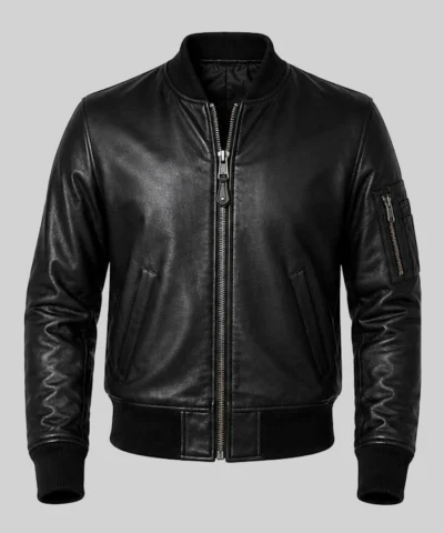 Mens Black Leather MA-1 Flight Jacket
