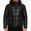 Black Puffer Leather Jacket for Mens