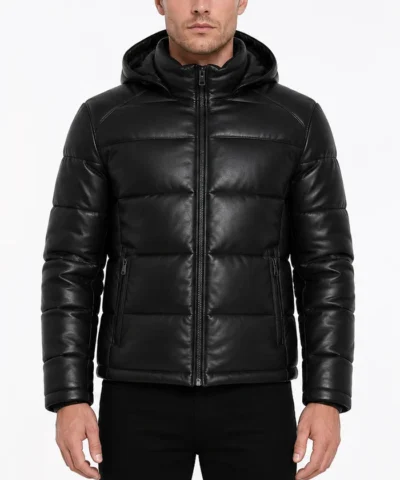 Black Puffer Leather Jacket for Mens