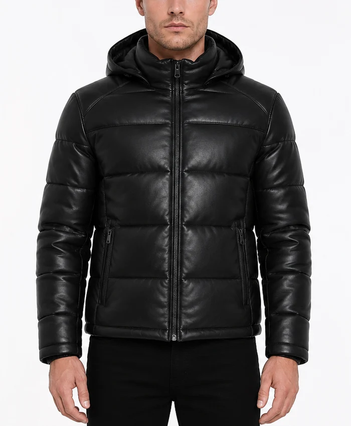 Black Puffer Leather Jacket for Mens