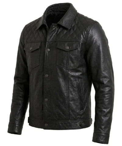 Mens Black Shirt Collar Leather Jacket