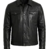 Mens Black Shirt Collar Leather Trucker Jacket