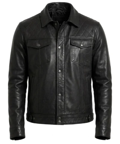 Mens Black Shirt Collar Leather Trucker Jacket