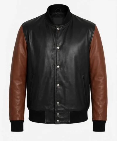 Black and Cognac Bomber Leather Jacket for Mens