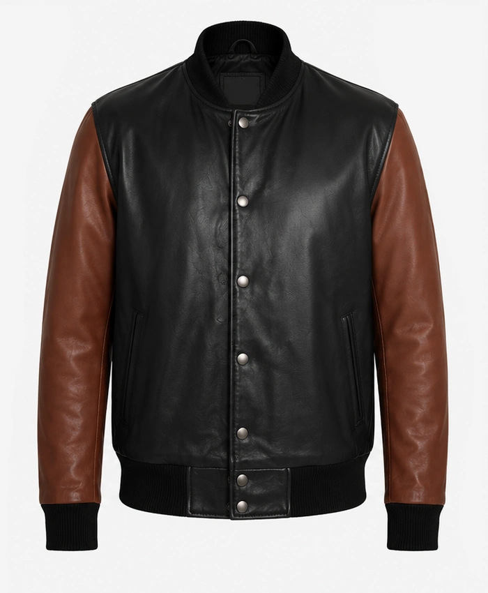 Black and Cognac Bomber Leather Jacket for Mens