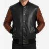 Mens Black and Cognac Leather Bomber Jacket