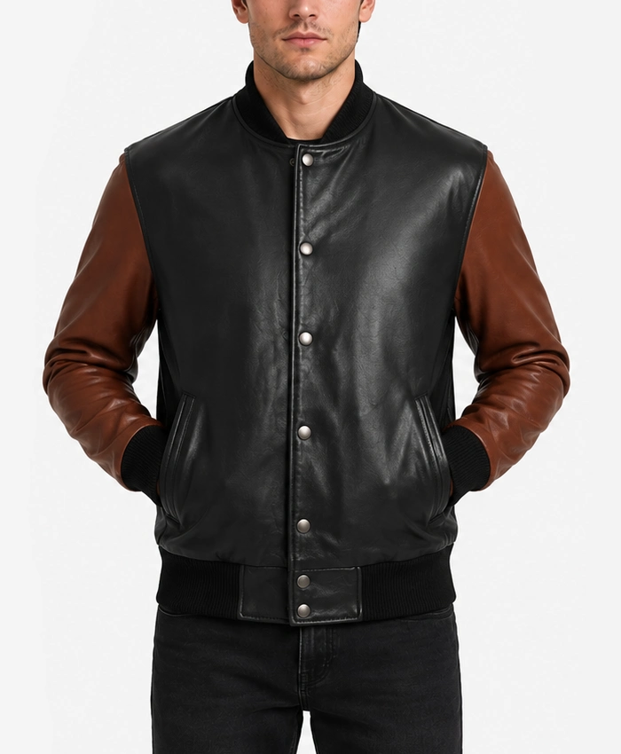Mens Black and Cognac Leather Bomber Jacket